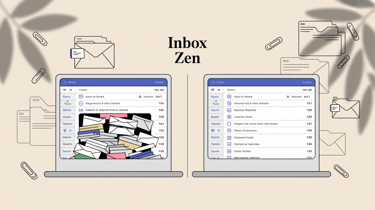 Split-screen transformation showing chaotic inbox on left transforming to organized domain-labeled emails on right, demonstrating Inbox Zero's auto-labeling capabilities