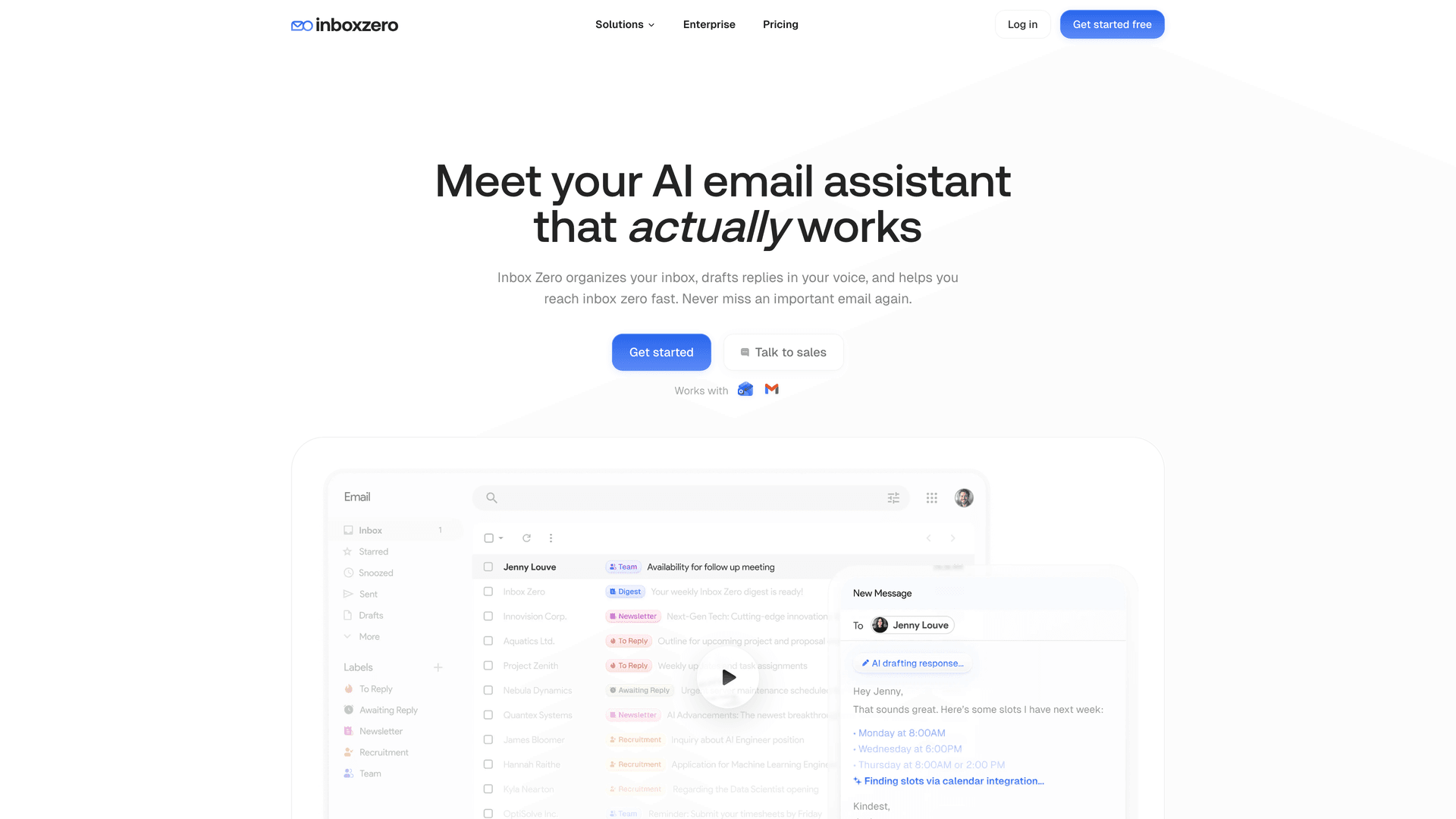 Inbox Zero homepage showing AI email assistant features for automated labeling, drafting, and inbox management