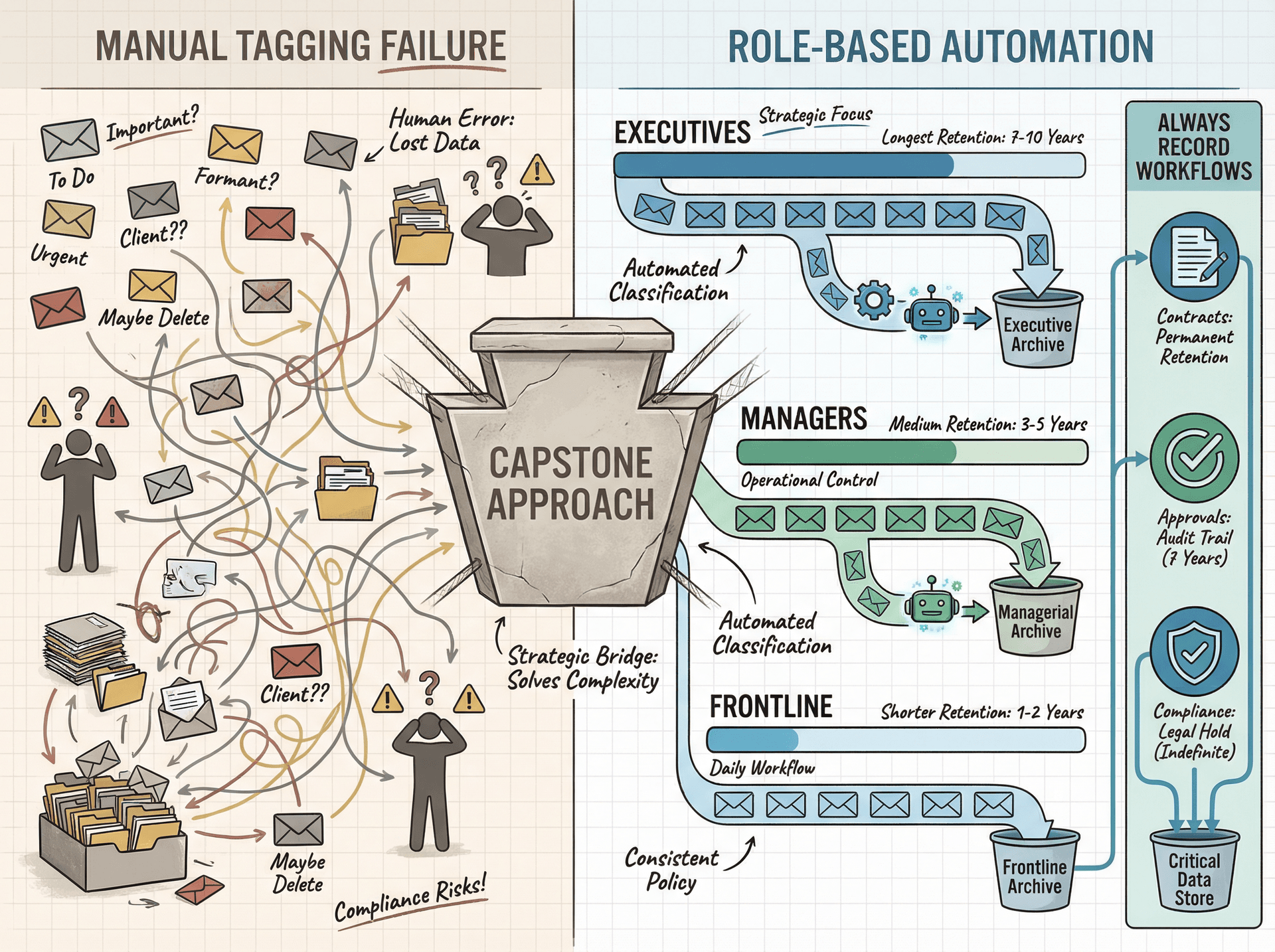 Comparison of manual email retention tagging failure versus automated capstone role-based retention system