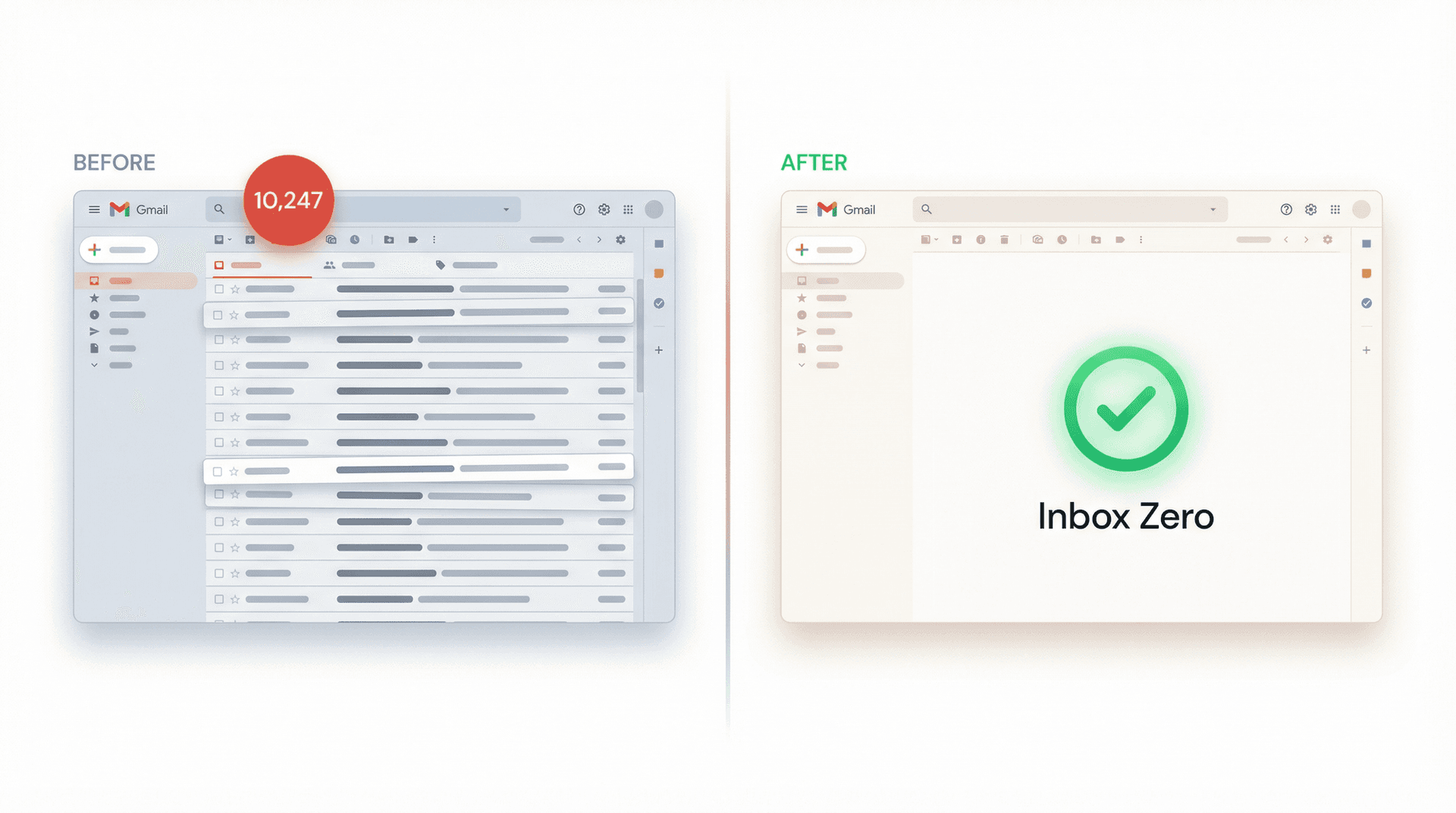 Split-screen showing a cluttered Gmail inbox with thousands of unread emails transforming into a clean, empty inbox with a green checkmark