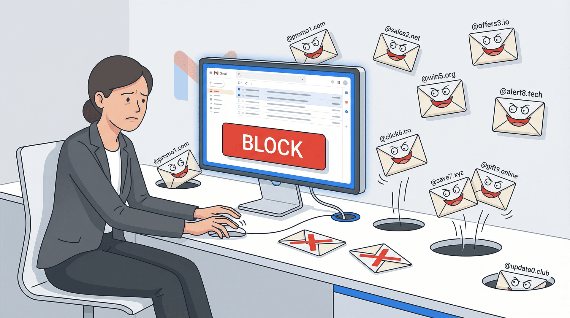 Editorial illustration of a frustrated person blocking Gmail senders as new addresses keep reappearing like a whack-a-mole game