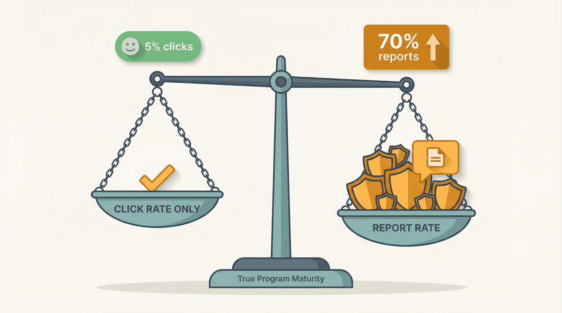 Balance scale comparing vanity click-rate metrics against real phishing resilience metrics like reporting rate, showing that reporting culture outweighs click rates in security maturity