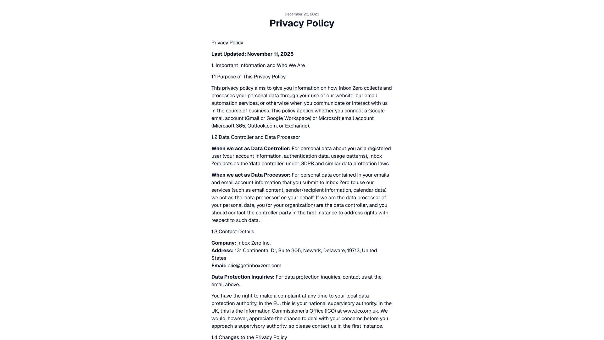Inbox Zero Privacy Policy page showing Last Updated November 2025, data handling transparency including GDPR controller and processor roles