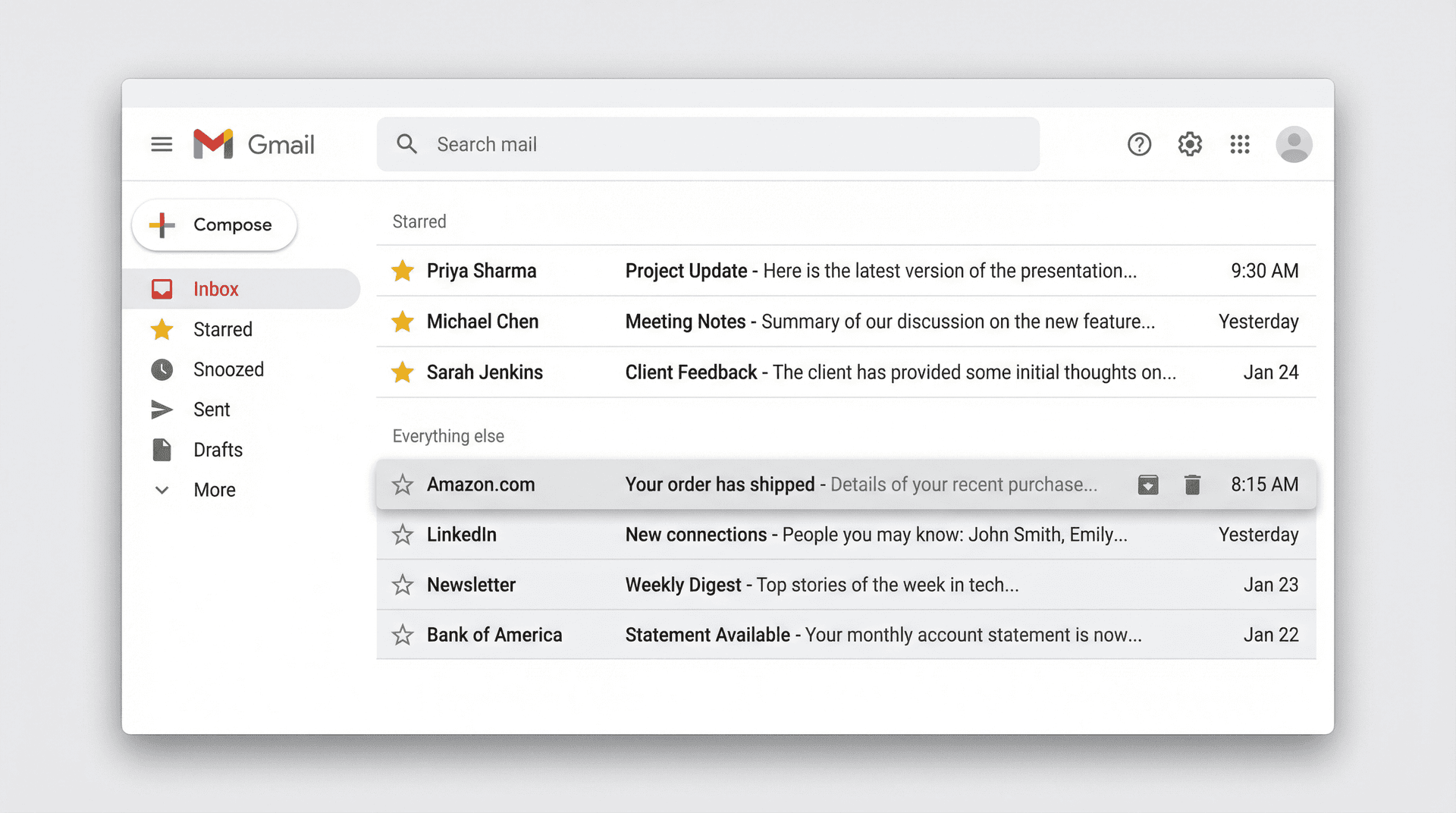 Gmail Starred First inbox layout showing starred emails pinned to the top pane and regular emails in the bottom pane