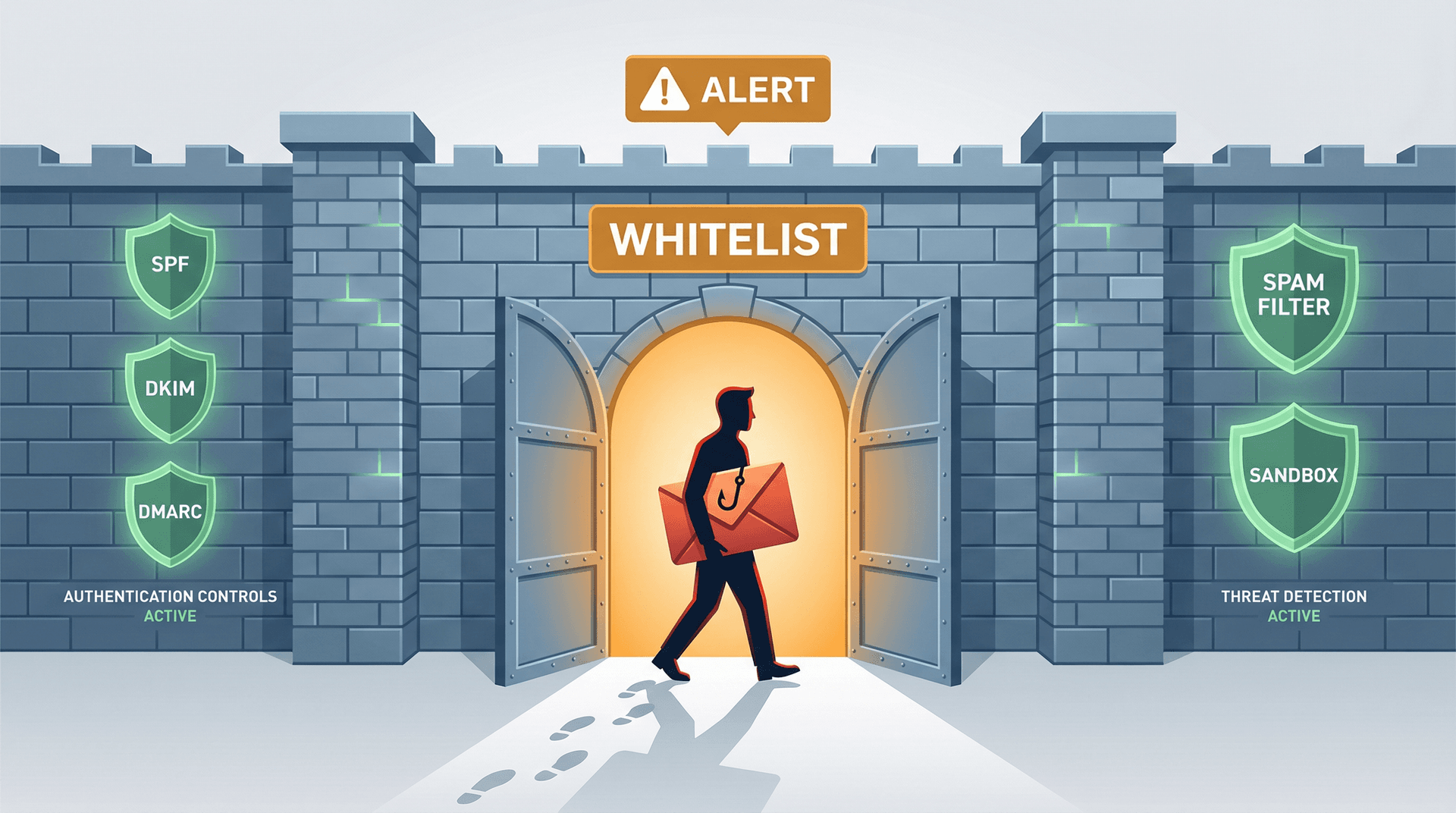 Editorial illustration showing a fortified email security wall with an open whitelist door letting a phishing threat through unchallenged