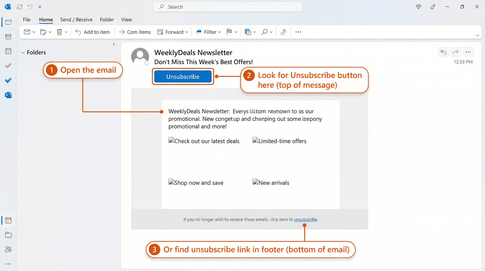 Annotated Outlook Desktop interface showing where to find the Unsubscribe button at the top of the reading pane and the backup unsubscribe link in the email footer